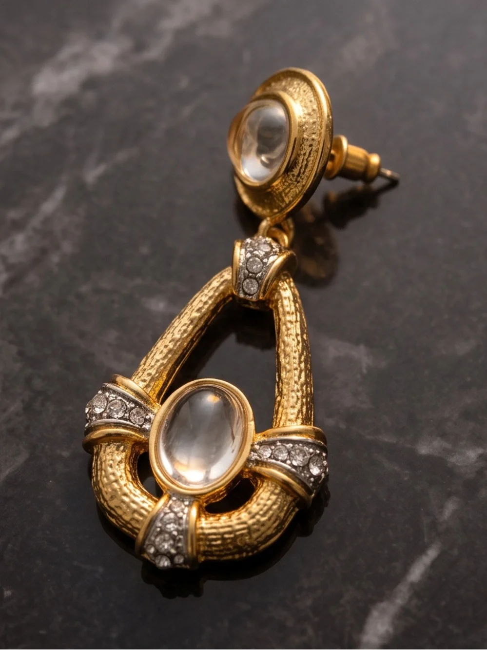 Gold-Tone Textured Necklace and Drop Earring Set with Cabochon Centers